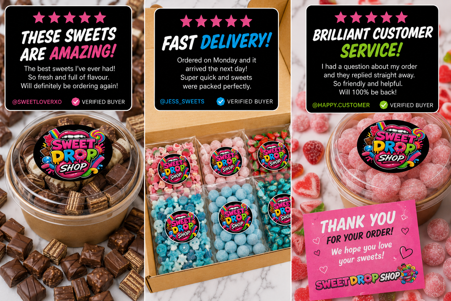 Five-star customer reviews for Sweet Shop Drop — amazing sweets, fast delivery, and brilliant customer service.